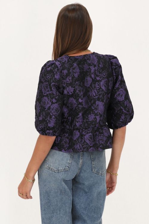 Zwart & paarse jacquard top met strikjes