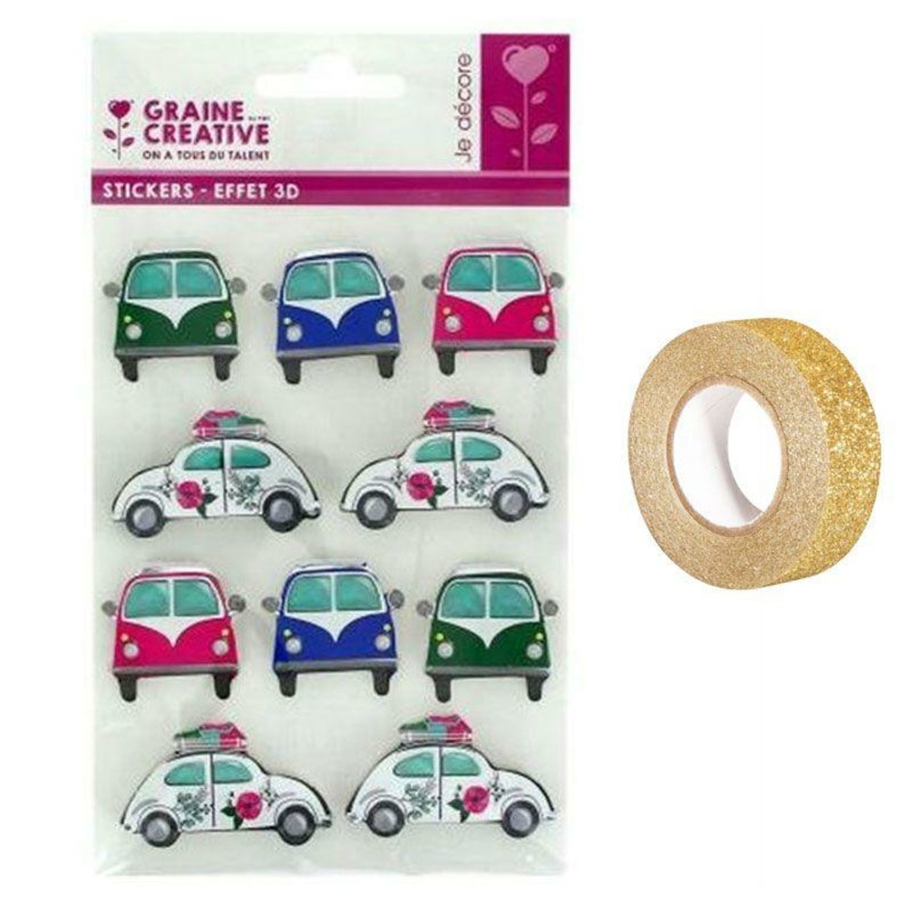 10 stickers voiture de vacances effet 3d + masking tape doré à paillettes 5 m