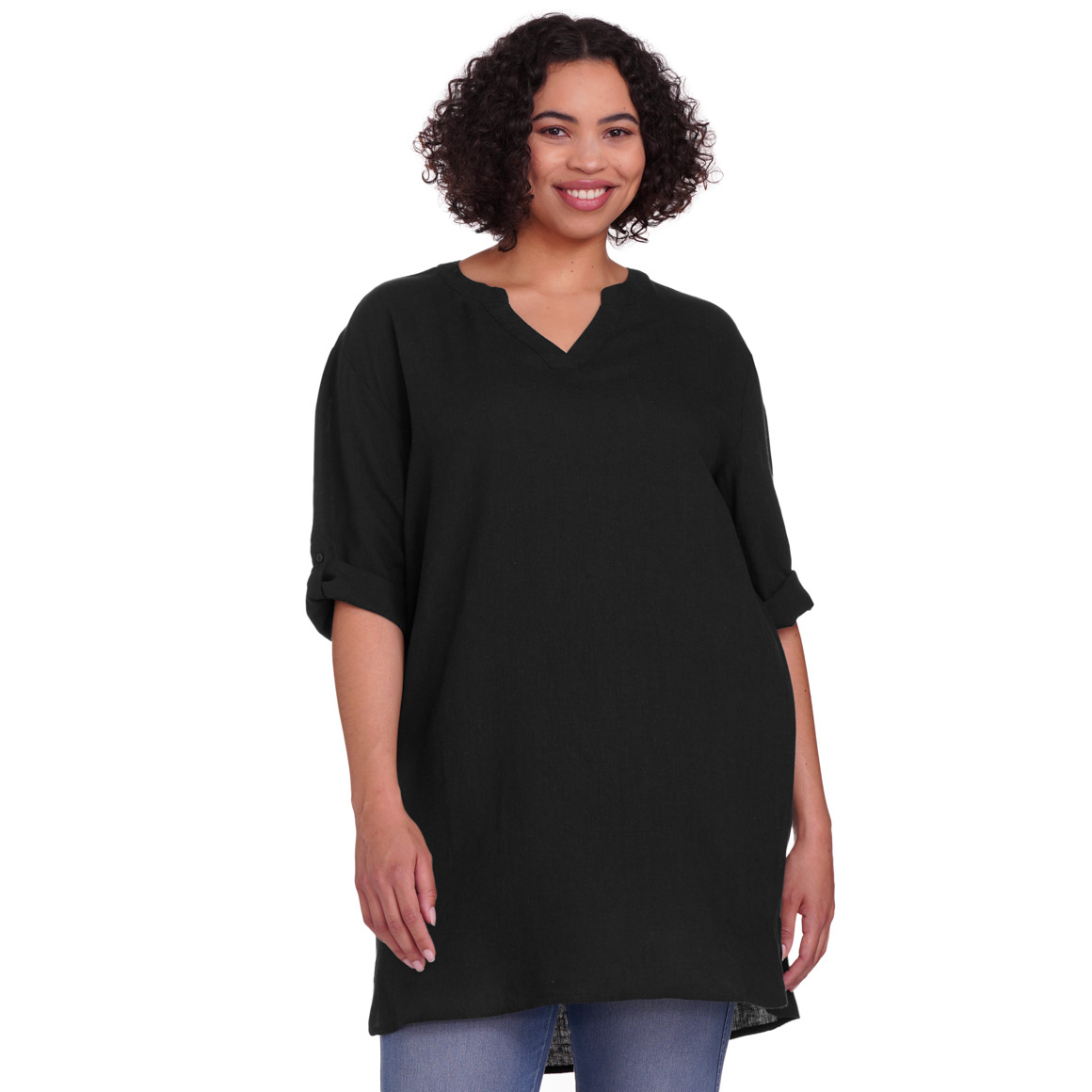 Gina Benotti Damen Leinen-Longbluse mit V-Ausschnitt schwarz