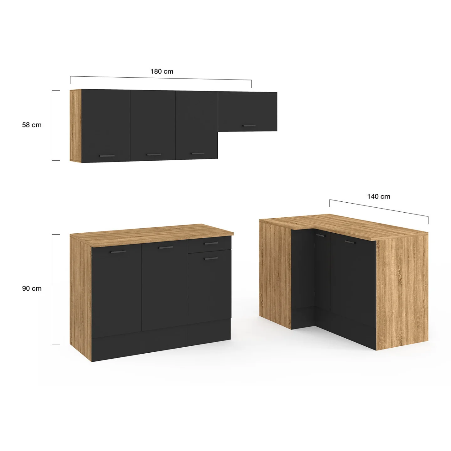 Cuisine complète d'angle 400 CM SUBTIL avec plan de travail 7 élements bois et noir