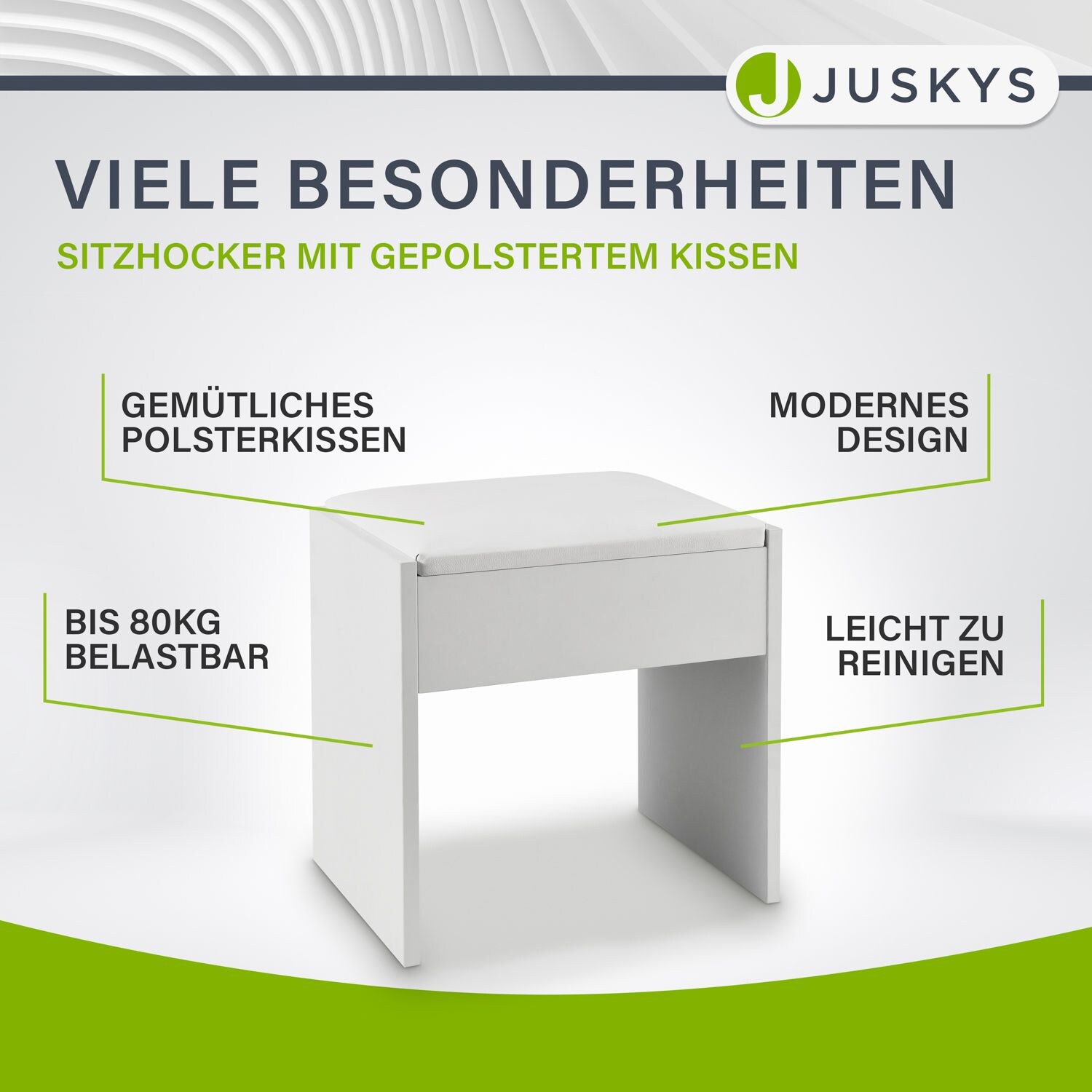 Juskys Schminktisch Hocker Melly aus Holz mit gepolstertem Kissen & Bezug aus Kunstleder in Weiß