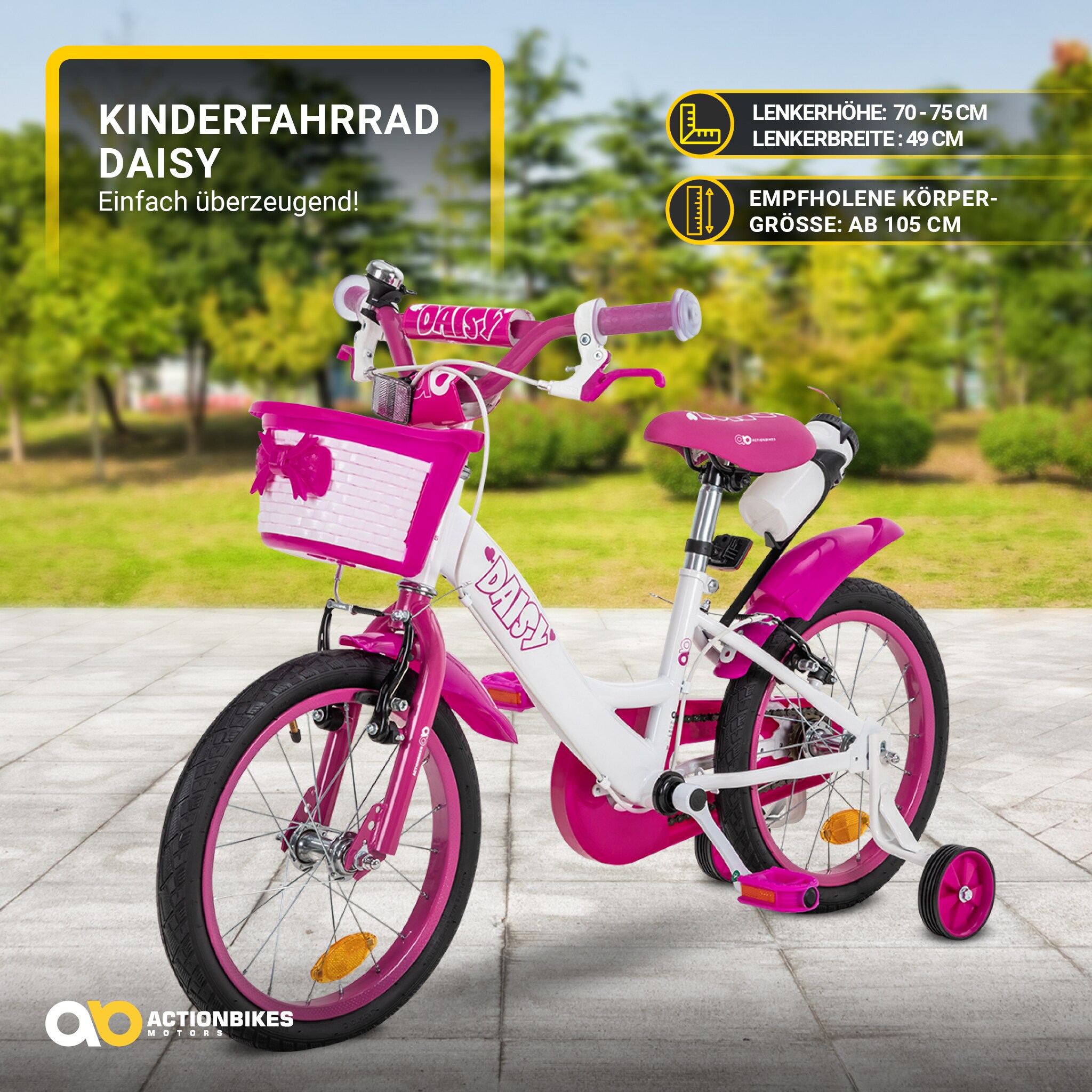 Actionbikes Kinderfahrrad Daisy 16 Zoll, pink, Stützräder, Korb, V-Brake-Bremsen, Antirutschgriffe (East)