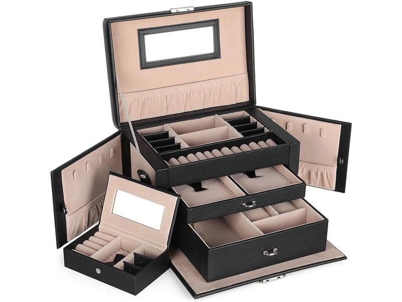 Songmics Schmuckschatulle mit 3 Ebenen, Schwarz, Kunstleder Schmuckbox abschliessbar