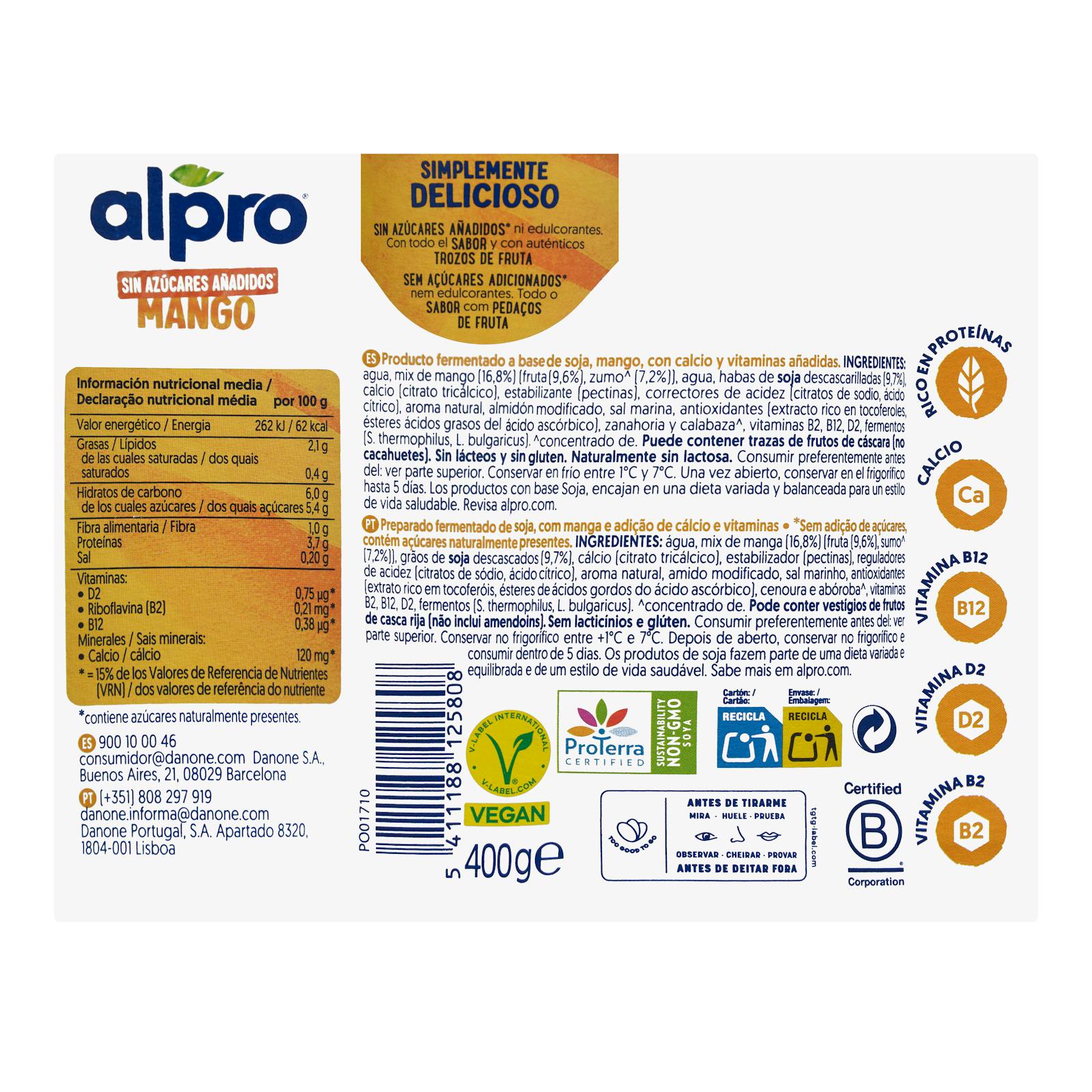Dessert à la mangue et au soja Alpro sans sucre ajouté