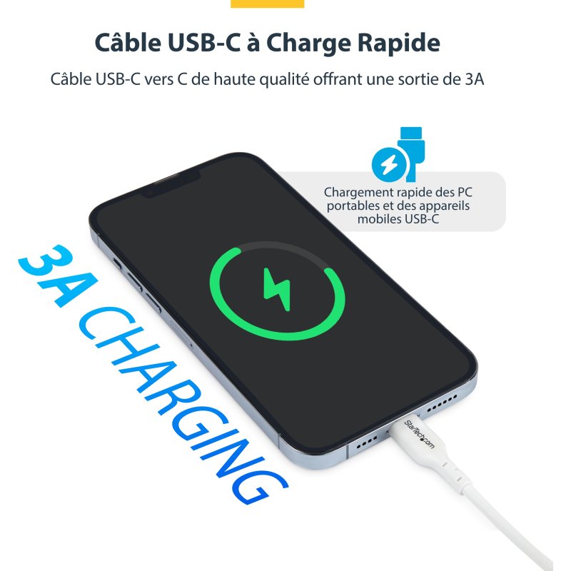 StarTech.com Câble de Charge USB-C de 1m, Charge et Synchronisation, 60W (3A) PD, Câble de Charge USB 2.0 pour Ordinateur Portable - Cordon de Charge USB C Blanc