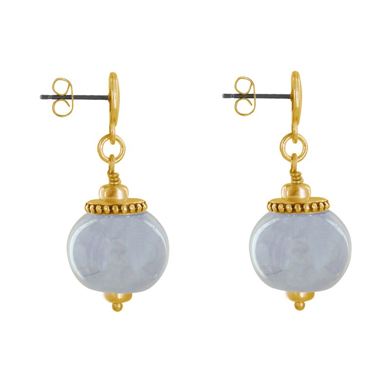 Boucles d'Oreilles Clous Métal Doré et Grosses Perles en Céramique