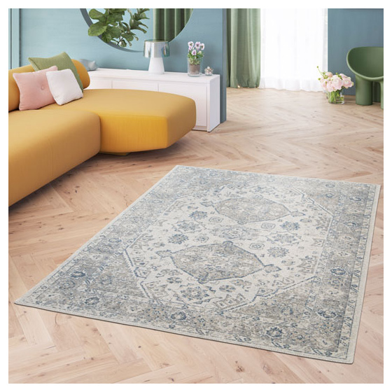 Tapis à motif oriental en tissu chenille recyclé - yanis - gris et bleu - 120 x 170 cm