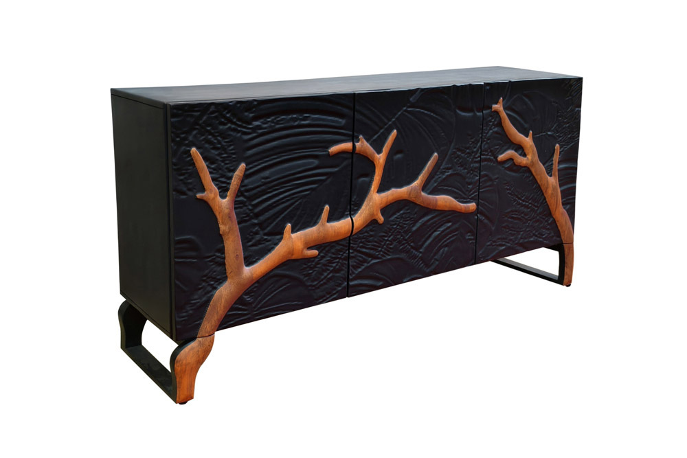 Massives Sideboard FOREST 160cm schwarz braun Mangoholz sechs Fächer 3D-Front