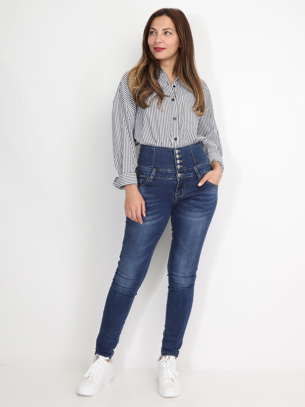 Jeans skinny délavé taille haute- Bleu