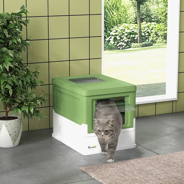 Kattesandboks, kattesandboks med lokk, kattehus med bunnbrett, scoop, deodoriseringsboks, plast, 47,5 x 35,5 x 36,7 cm