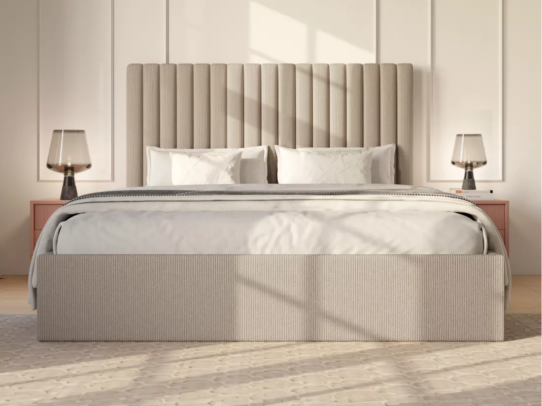 Lit coffre 140 x 190 cm avec tête de lit coutures verticales - Velours côtelé - Beige - SARAH