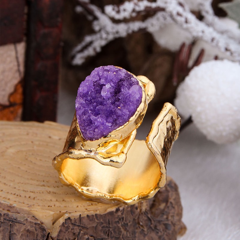 Bague ajustable - Laiton plaqué or & quartz