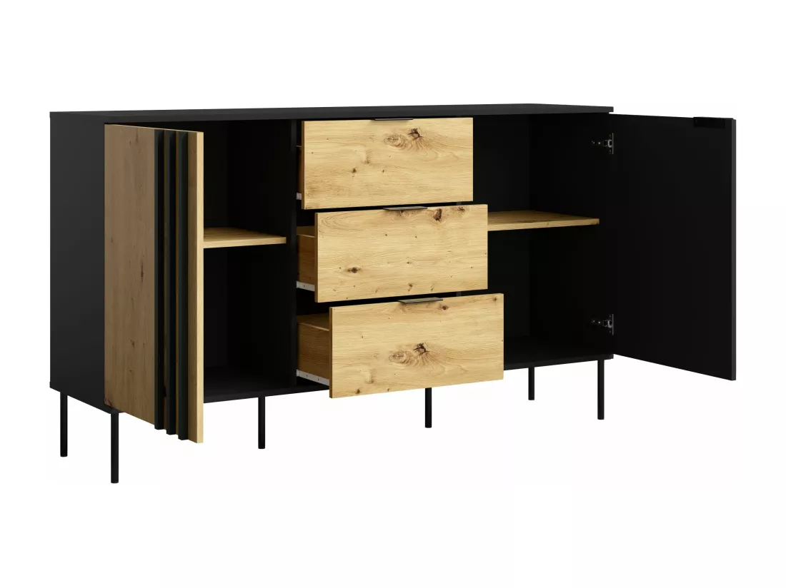 Buffet avec 2 portes et 3 tiroirs - Noir et naturel - TUNALO