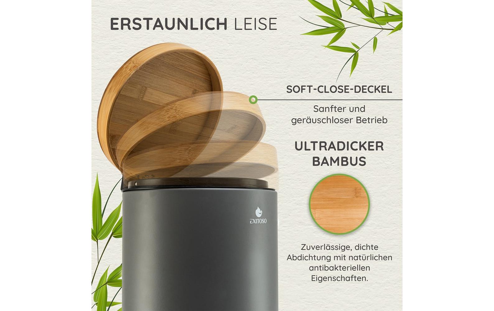 Tretmülleimer mit Softclose-Deckel 5 l, GrauAbfalleimer aus Bambus
