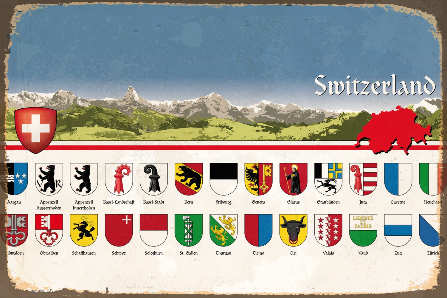 queence Metallbild »Kanton« Berge & Alpenbilder | Schweiz Schweiz, Stahlschild, Blechschild
