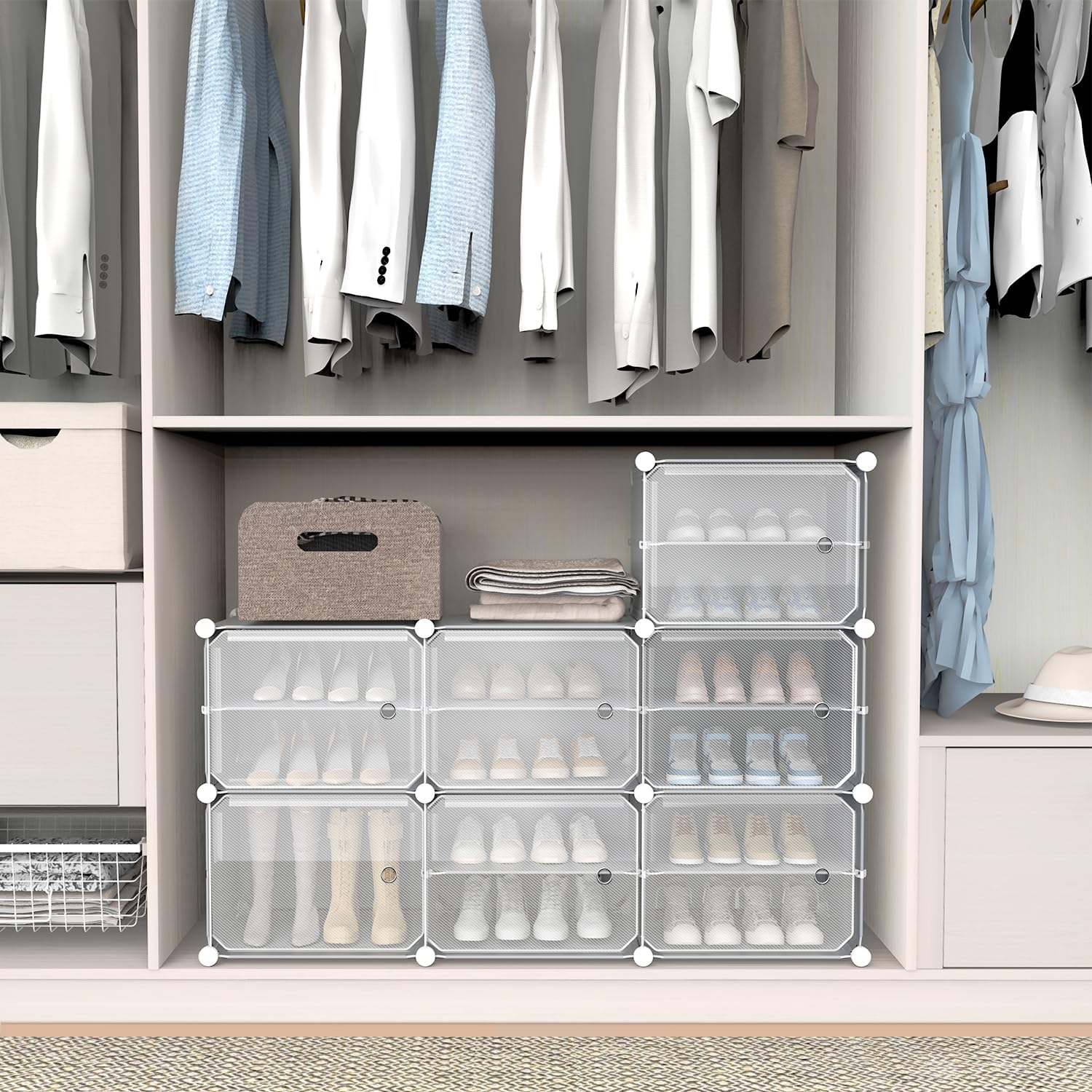 Tragbares Schuhregal, Organizer mit Tür, 8 Ebenen, Schuhschrank, 48 Paar, Schuh-Organizer, Schuhaufbewahrung, erweiterbar, stapelbar, freistehend, Schuhregal, Schrank für Eingangsbereich,