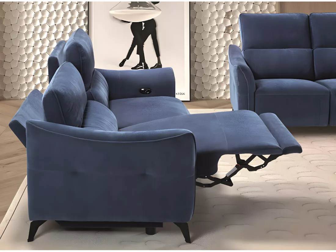 Canapé de relaxation électrique tissu chenillé doux et moelleux Bakay-Couleur Bleu foncé-3 places relax électrique