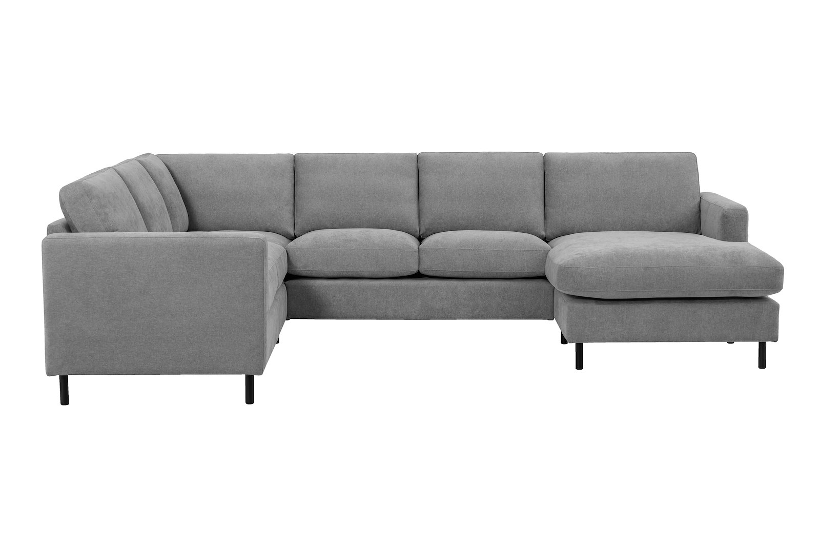Viken U-sofa 2-seter venstre, 2-seter og sjeselong høyre. Tekstil Storm 3/3 Warm Grey. Arm B og ben 1.  Med duntopp.