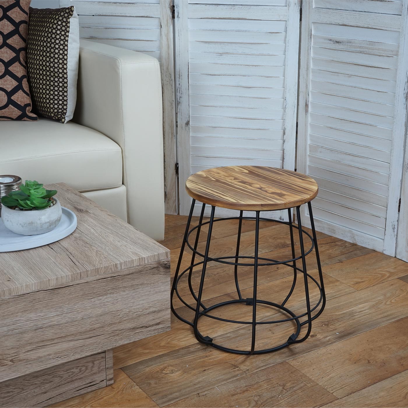 Sitzhocker mit Stauraum MCW-A80, Hocker Aufbewahrung, Industriedesign Echtholz Ø35cm