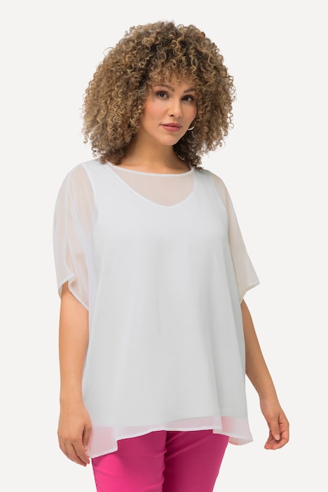 Chiffonbluse, Oversized, Rundhals, Halbarm