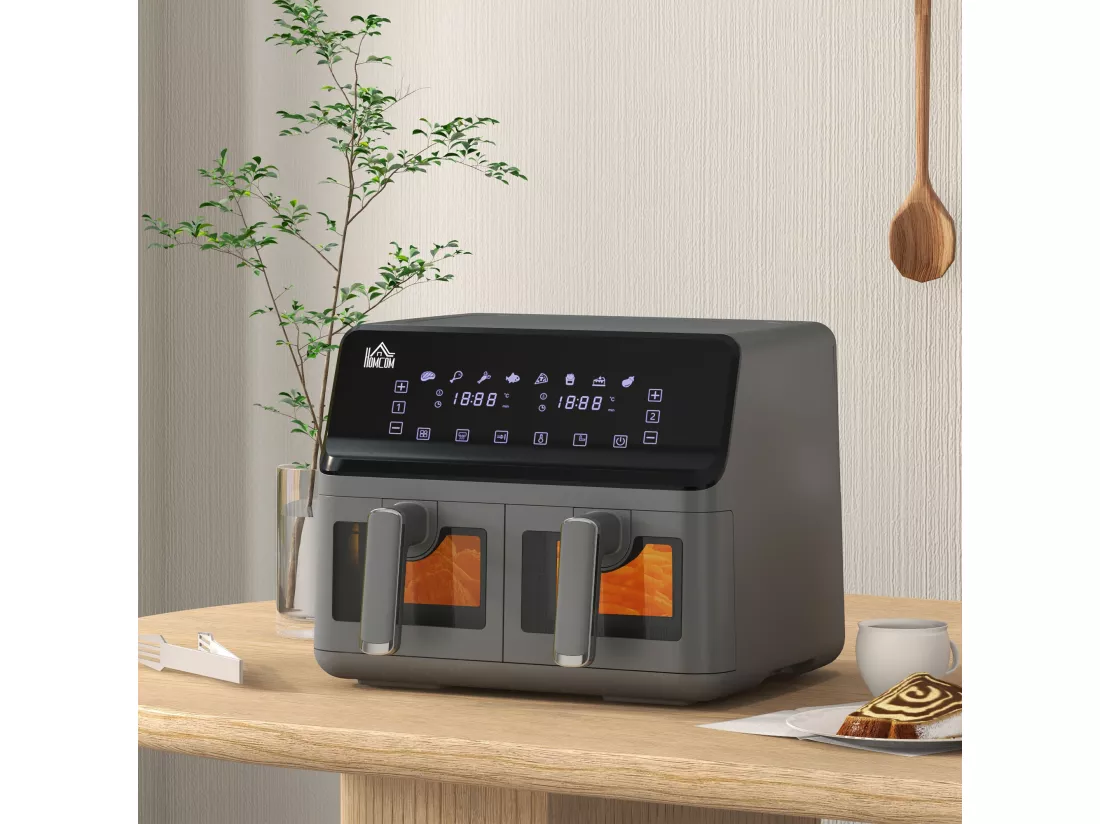 Friteuse à air 2 paniers 2500W 8L - air fryer multifonction 8 programmes - température réglable - timer 60 min. - noir