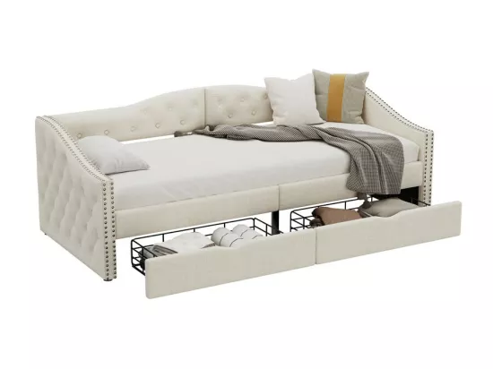 Lit banquette 90x200cm avec 2 tiroirs - tissu en lin - Blanc