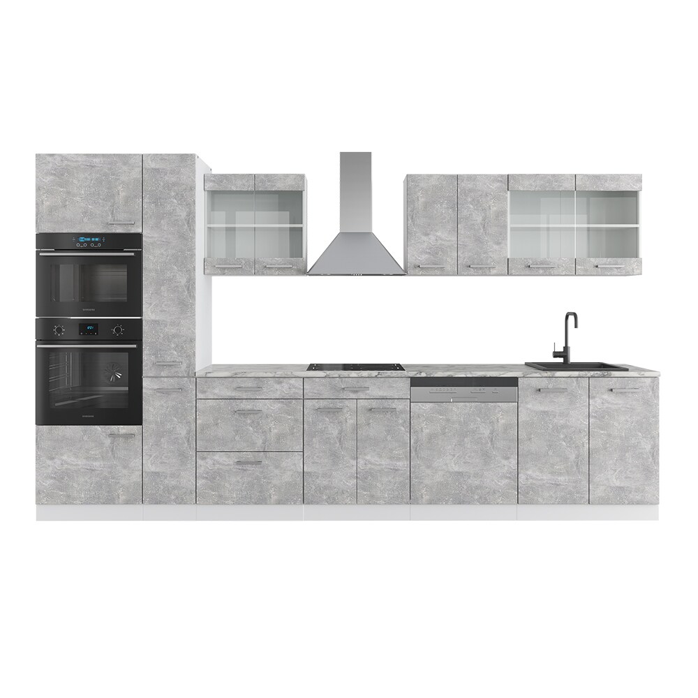 Vicco Küchenzeile Küchenblock Einbauküche R-Line 350 cm Weiß Beton Arbeitsplatte