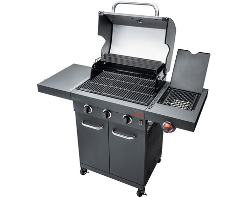 Char-Broil Professional Power Edition gasbarbecue met 3 branders, matzwart, inclusief opbergplank, dekselthermometer, geëmailleerde gietijzeren planchaplaat, vetopvangbak, grillrooster, uitklapbare zijtafel, zijplank, warmhoudrek.