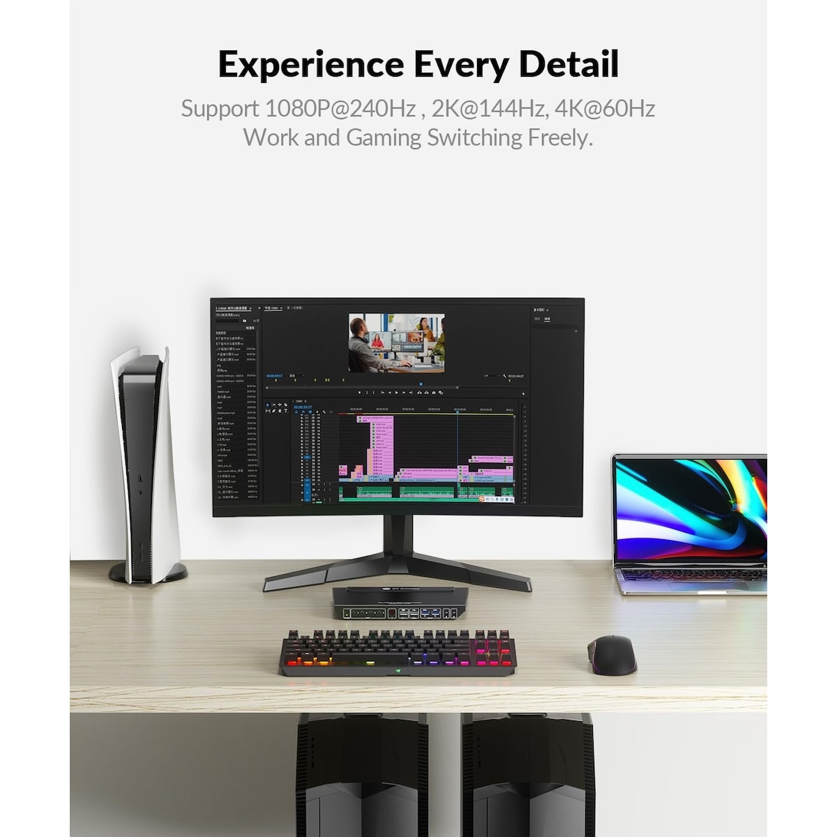 AV Access 4K USB-C og HDMI KVM-svitsj 4 PC-er 1 skjerm, 60W lading for bærbar PC