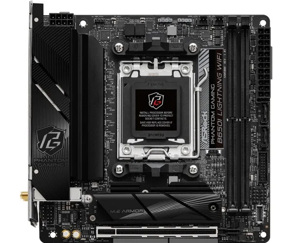 ASRock Phantom Gaming B650I Lightning WiFi - Bundkort - mini ITX - Socket AM5 - AMD B650 Chipset - USB-C 3.2 Gen2, USB-C 3.2 Gen 1, USB 3.2 Gen 2, USB 3.2 Gen 1 - 2.5 Gigabit LAN, Wi-Fi 6E, Bluetooth - onboard grafik (CPU påkrævet) - HD Audio (8-kana