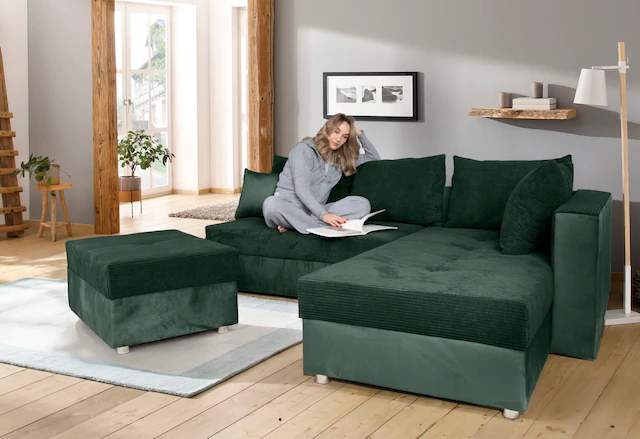 COLLECTION AB Ecksofa »Italia L-Form« mit Bettfunktion und Bettkasten, in Cord-Samt Mix