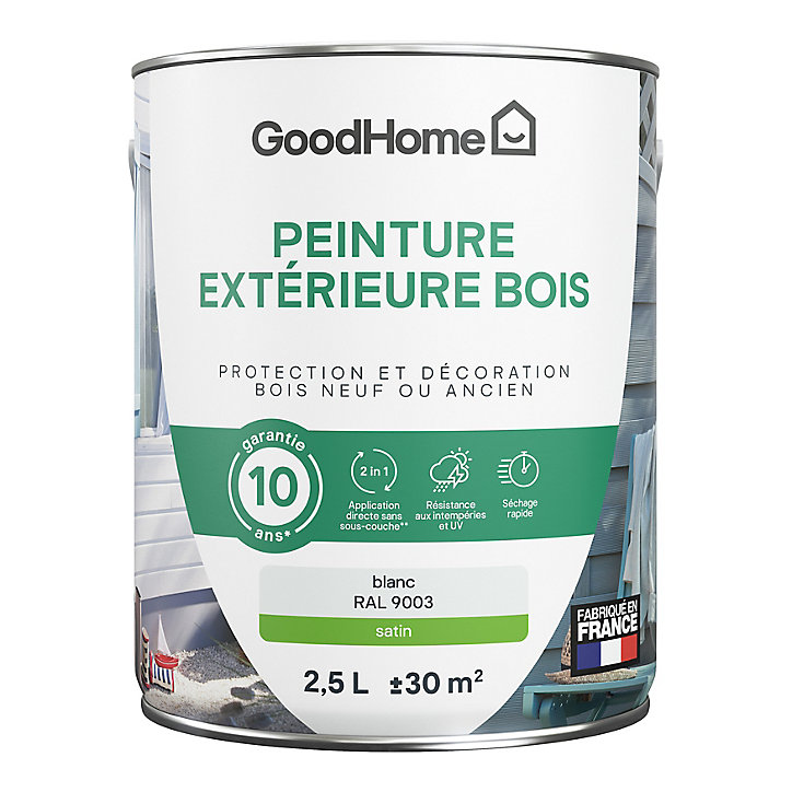 Peinture extérieure bois GoodHome blanc satin 2.5L