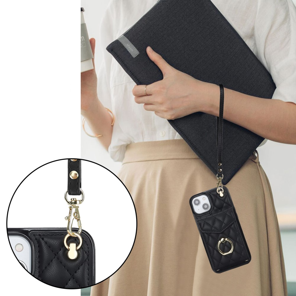 iPhone 15 Necklace Leder Hülle mit Kartenfächer   Finger Griff Halterung   Handykette (RFID Schutz) - Schwarz
