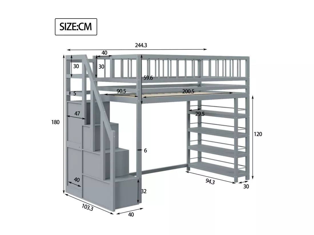 Lit mezzanine 90x200 cm - avec étagères et échelle de rangement - en bois massif - Gris