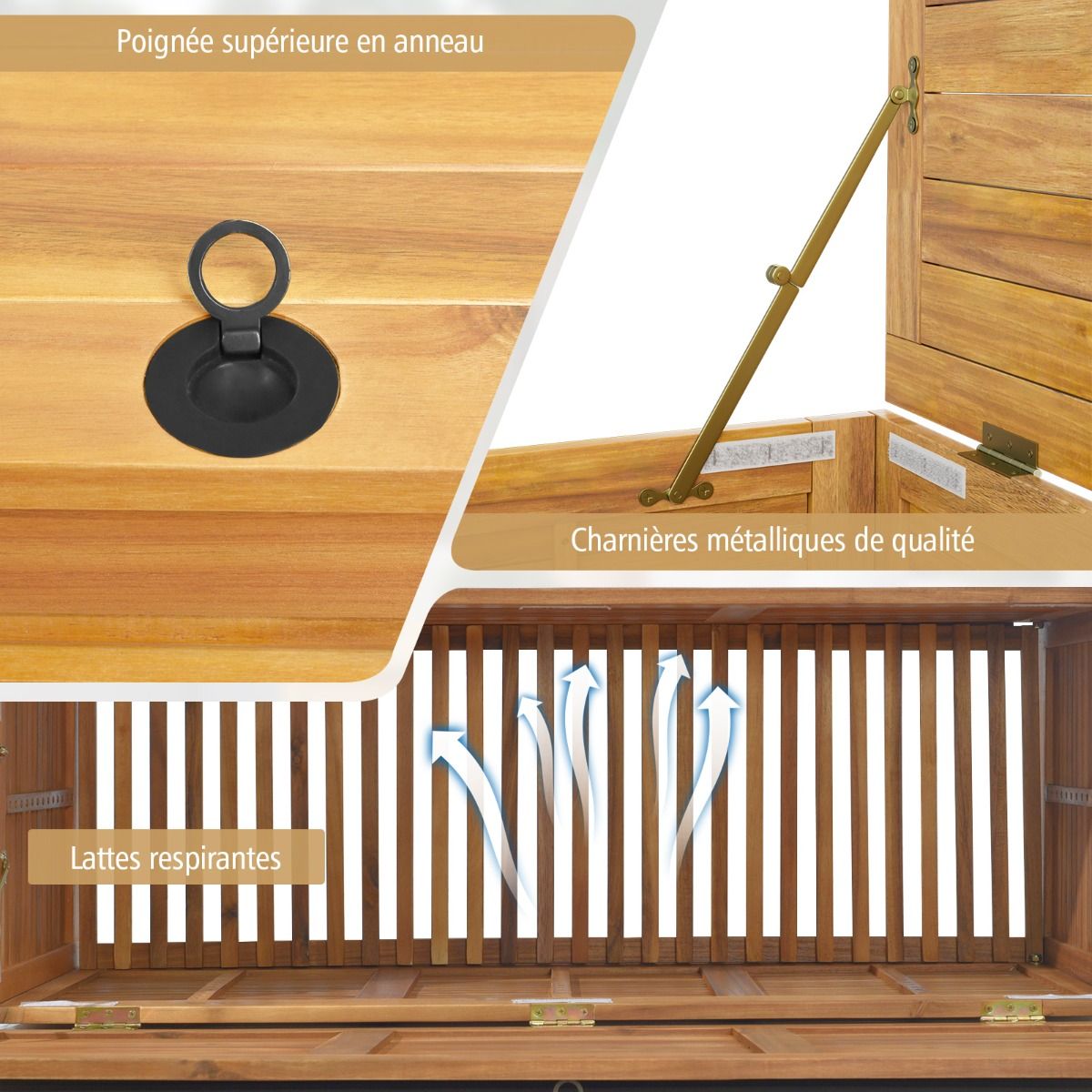 Coffre de Rangement 182L en Bois d’Acacia Charnière en Métal Banc de Rangement à Roulettes Extérieur pour Jardin Patio - Lidl-Manfred