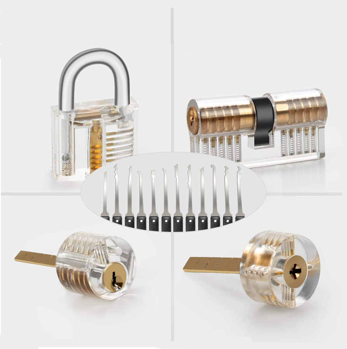 (26-tlg. Set) Dietrich Lockpicking Set mit 4 Übungsschlössern und Edelstahl Spannköpfen / Dietriche - Schwarz