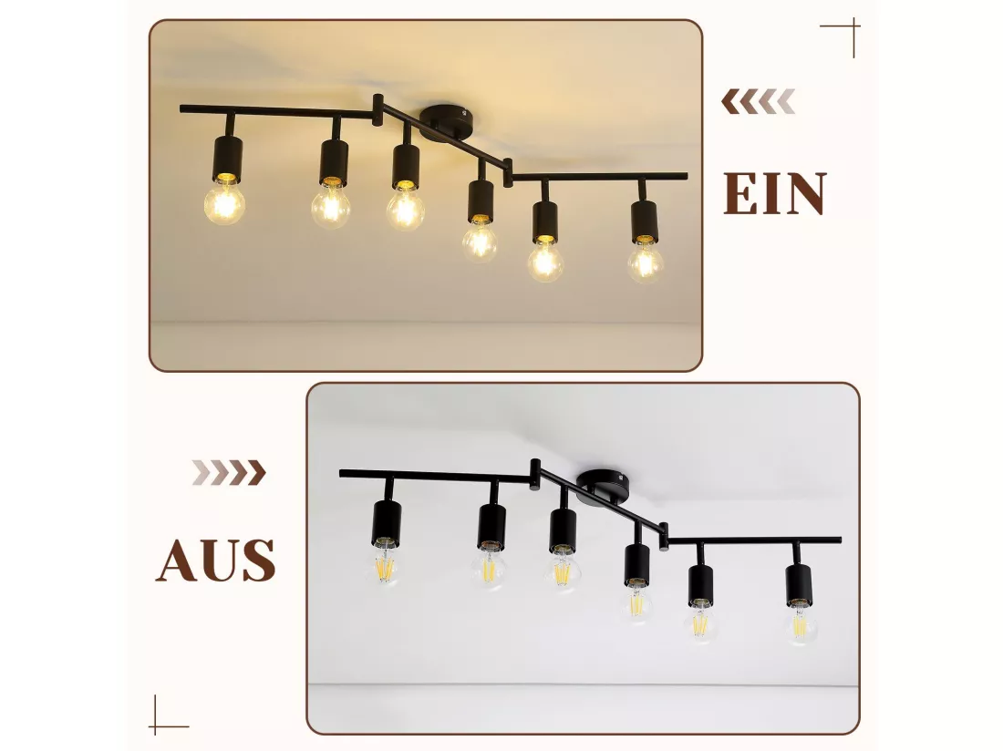 NETTLIFE Spot de plafond plafonnier noir E27 vintage 6 flammes plafonnier orientable 350°industriels