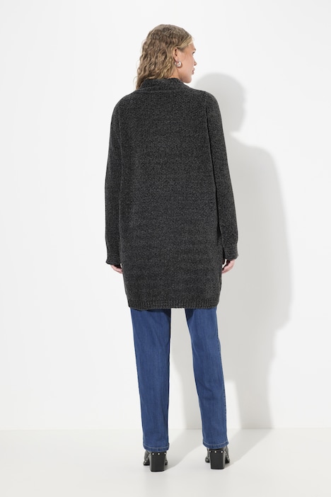 Chenille-Strickjacke, Oversized, V-Ausschnitt, offene Form