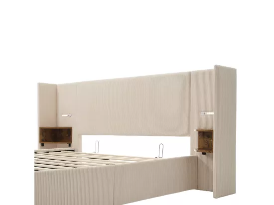 Lit double capitonné (180 x 200) avec table de chevet, liseuse et chargeur USB Type-C, beige, tissu velours côtelé.