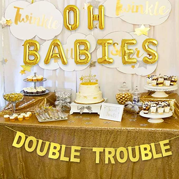 (32-tlg. Set) Zwillinge Baby Shower Party Deko Ballons / Girlande / Party Geschirr / Schärpe - Gold / Weiss