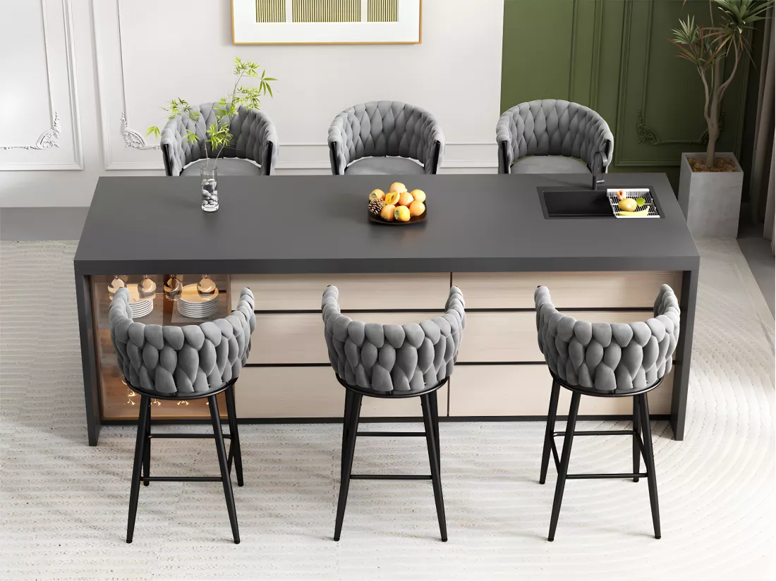 Lot de 6 Tabourets de bar - tissu en velours - pieds en métal - Gris