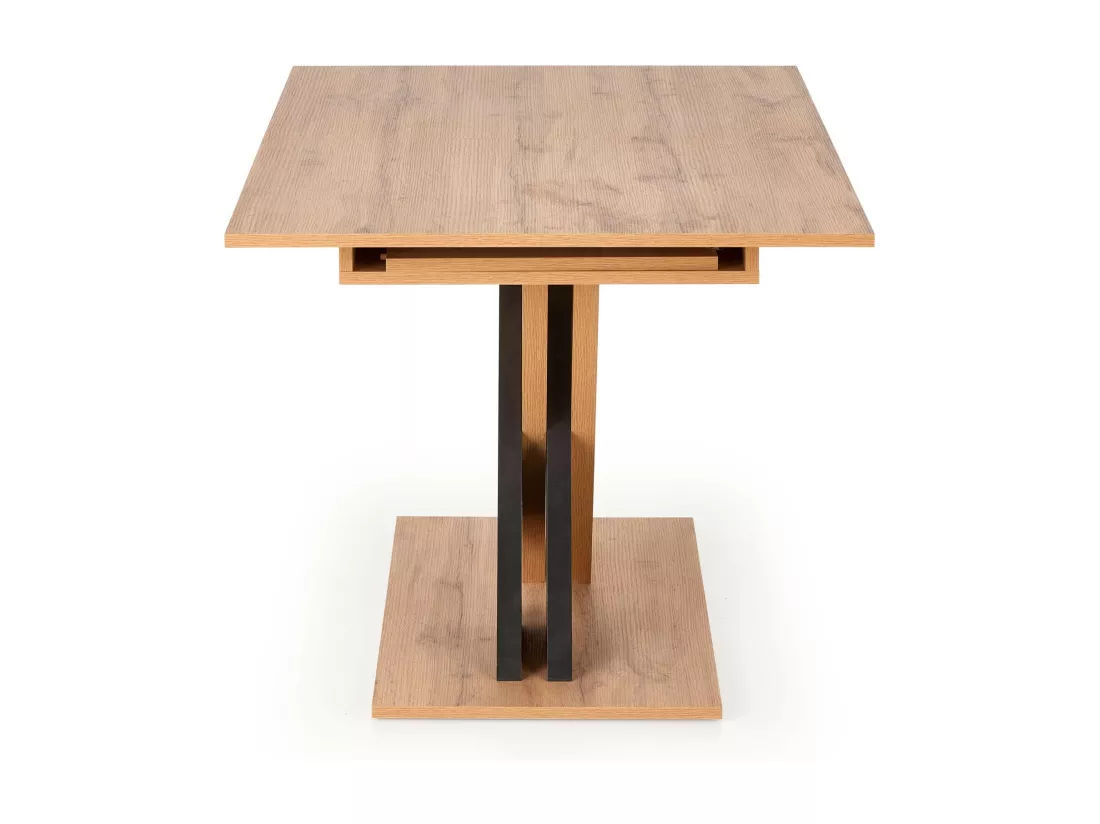 Table de salle à manger extensible avec pied central bicolore et plateau aspect chêne APODIS