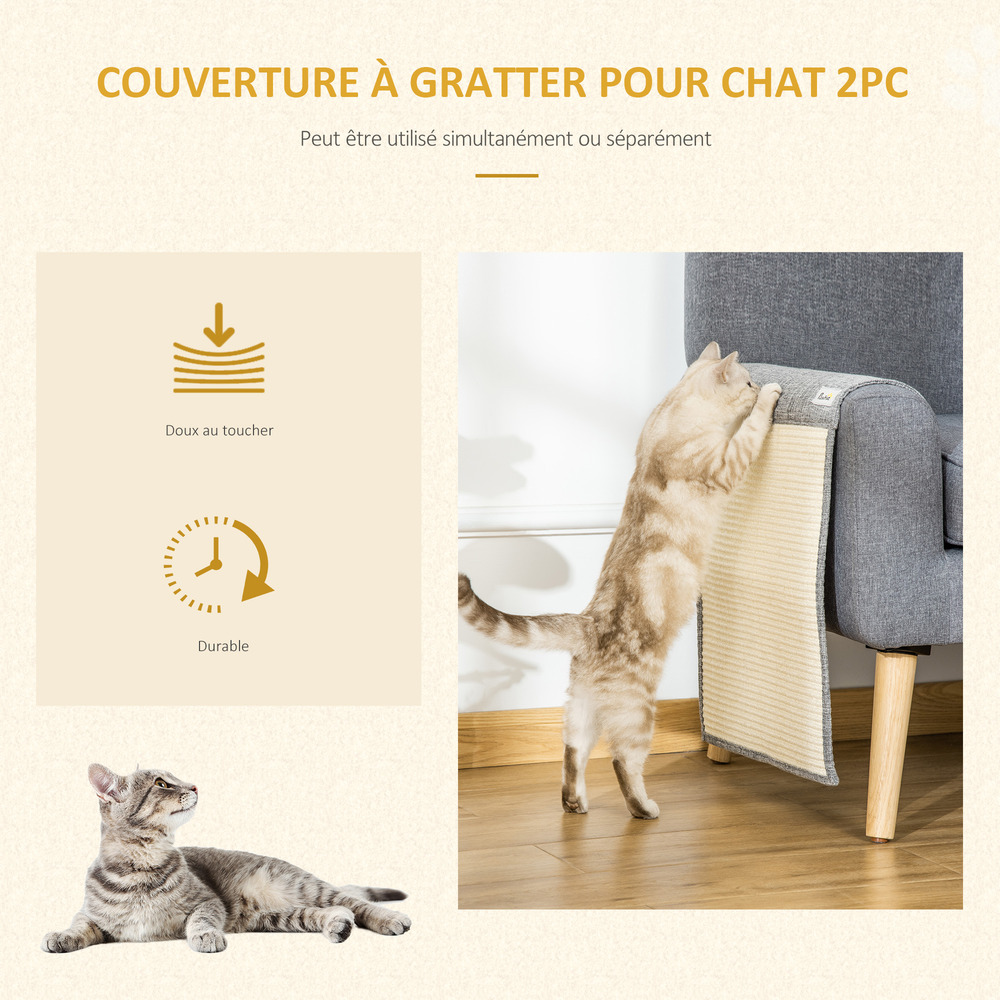 Lot de 2 tapis griffoir chat grattoir chat en sisal grattoir de canapé, sol ou mur dim. 130l x 45l cm gris