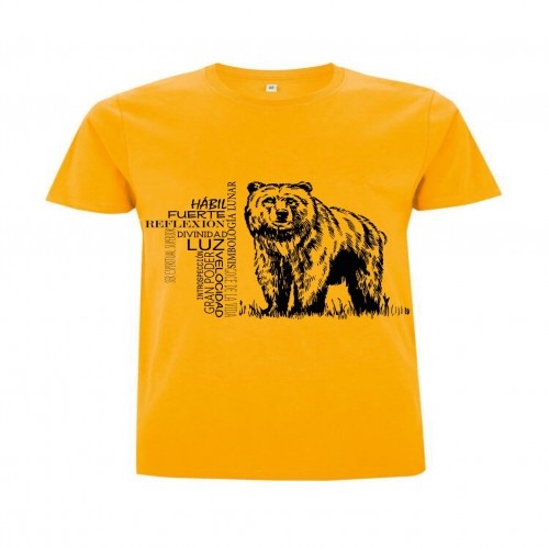 Camiseta masculina de algodão de manga curta com estampa de urso amarelo, símbolo animal.