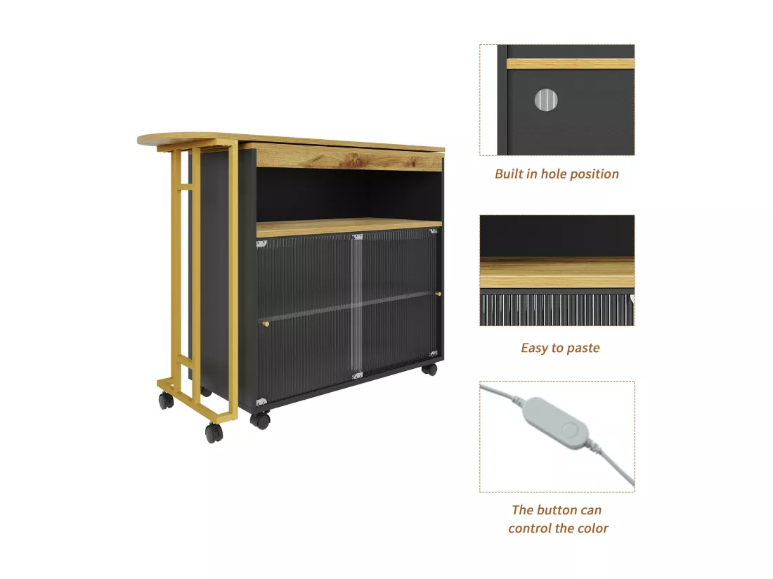 Buffet、Meuble de bar pivotant et escamotable avec LED - compartiments de rangemnt - Noir