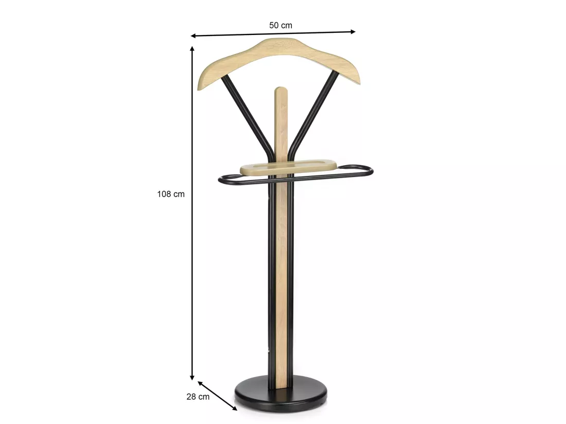 Valet de chambre MATTEO chevalet de nuit portant pour vêtements, structure en métal et en bois laqué couleur noir et chêne sonoma
