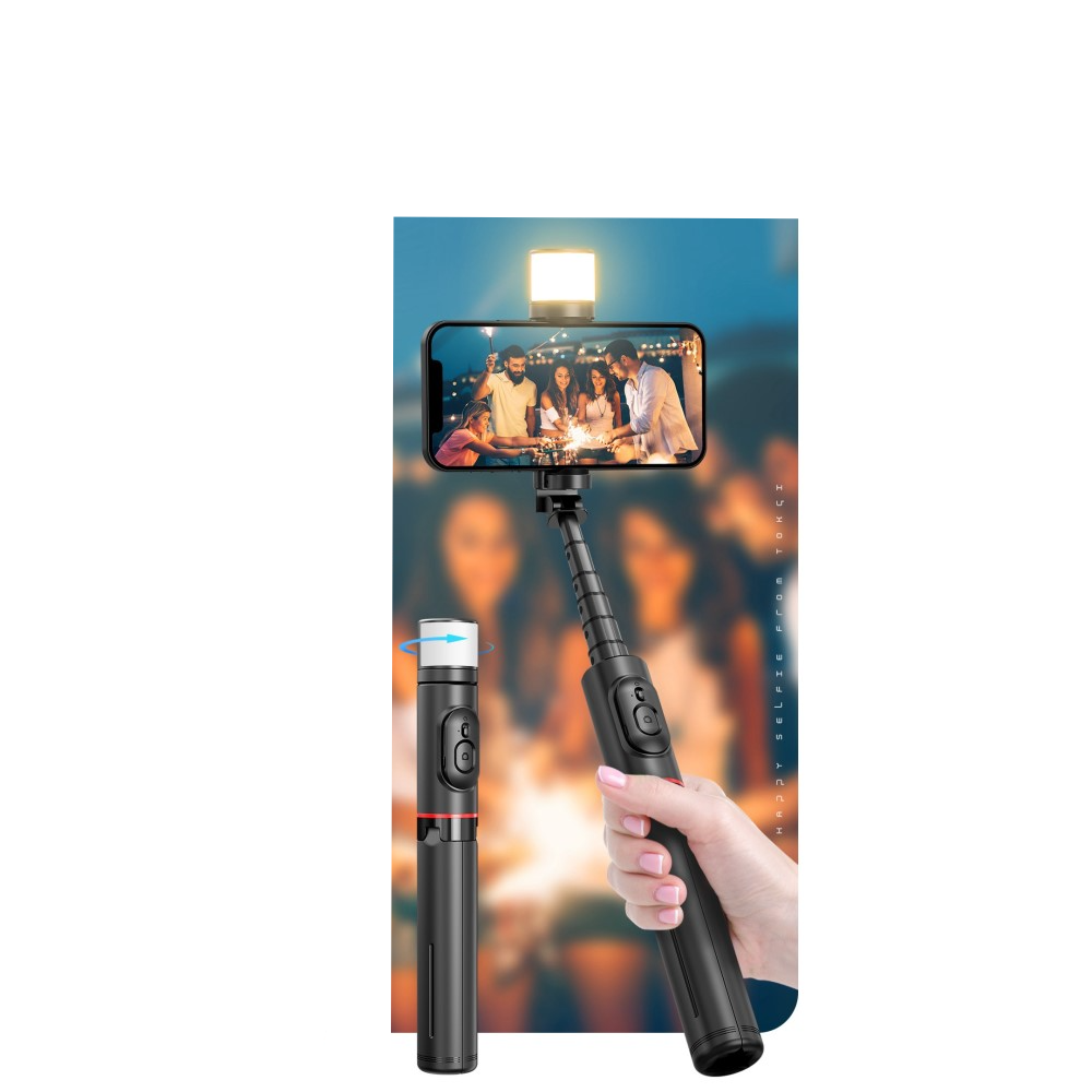 (75cm) Selfie Stick Tripod Dreibein Stativ Halterung mit LED Beleuchtung   Bluetooth Fernauslöser für Smartphone - Schwarz