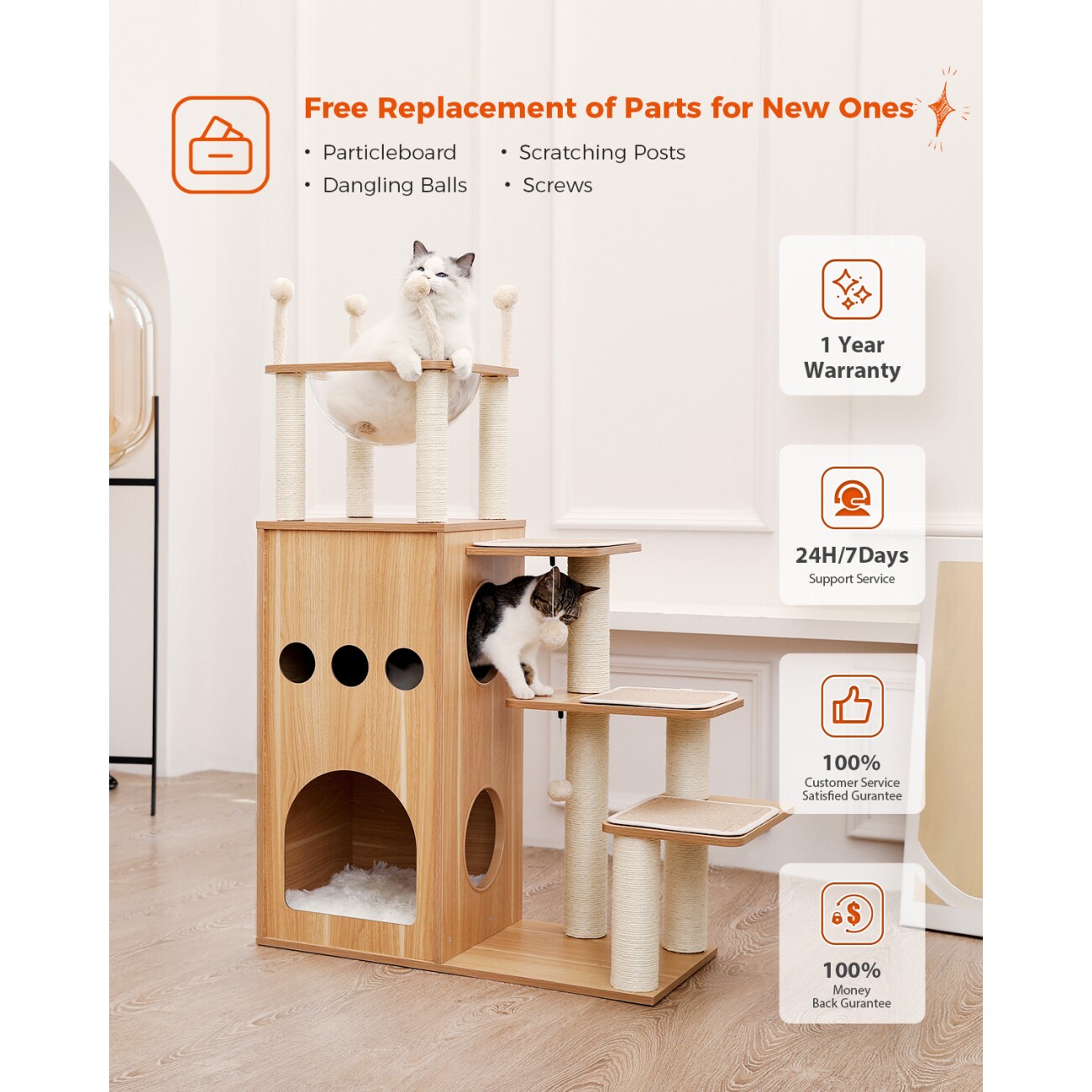 Pawz Road Kratzbaum, luxuriös groß hölzern Katzenbaum, 130cm hoch