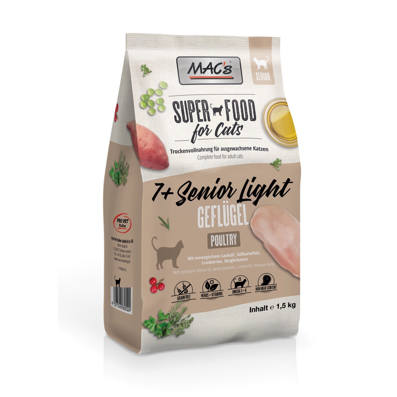 MAC's Cat +7 Senior Trockenfutter Light Geflügel 1,5 kg