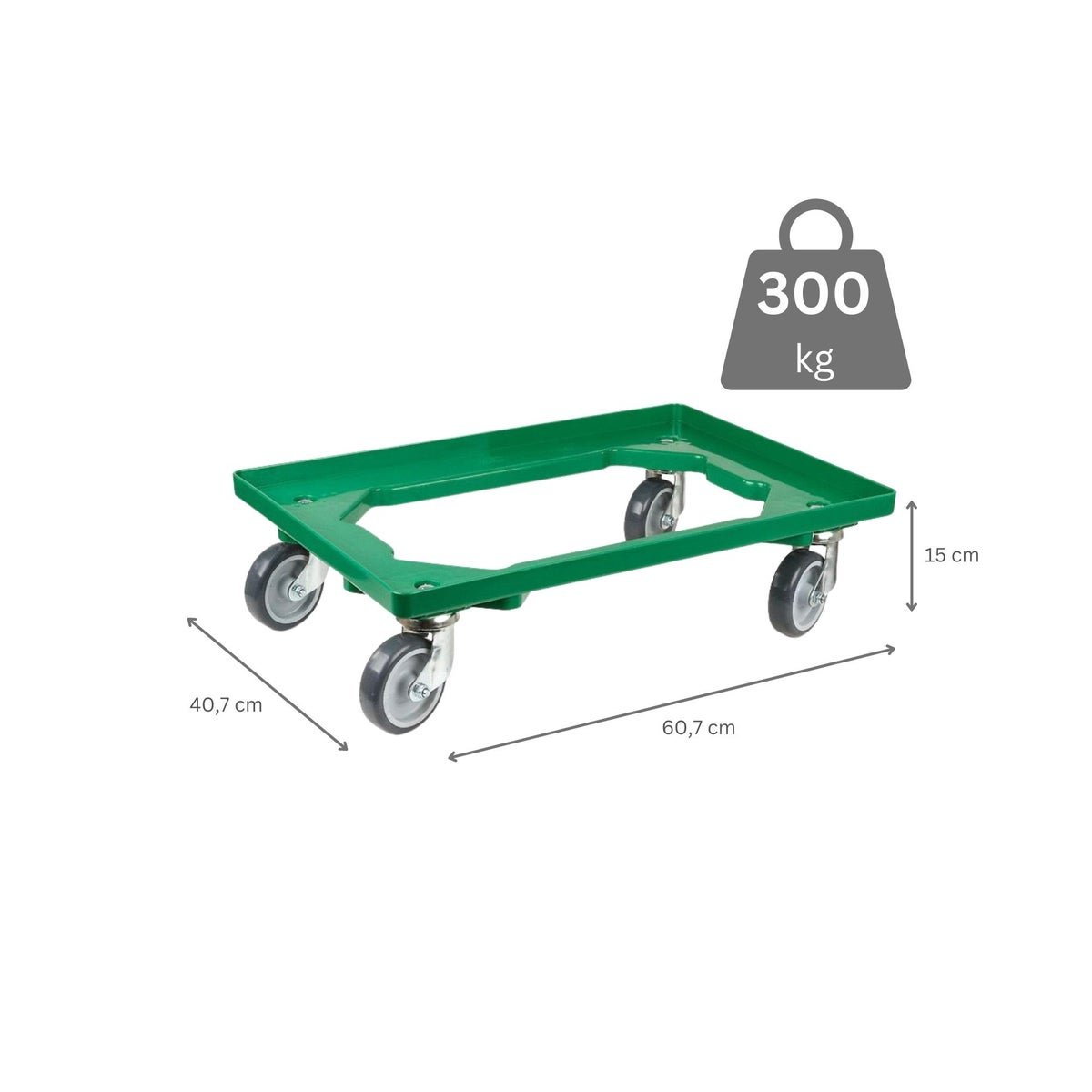 PROREGAL Transportwagen voor Euroboxen 60 x 40 cm met rubberen wielen, groen, open dek, 2 zwenkwielen en 2 remwielen, draagvermogen 300 kg